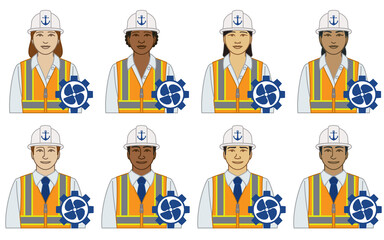 diversity, race, ethnicity of marine engineer vector icons male and female, wearing hardhat and safety vest with propeller icon, isolated on a white background