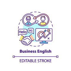 Business English concept icon. Improving language level idea thin line illustration. English used in business contexts. Office settings. Vector isolated outline RGB color drawing. Editable stroke