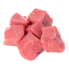Raw chopped beef meat pieces isolated om white background cut out.