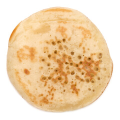 One pancake isolated on white background cutout. Top view.