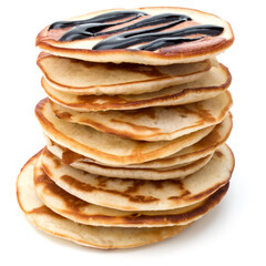 Pancakes  stack with chocolate syrup on white background