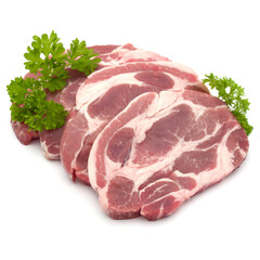 Raw pork neck chop meat with parsley herb leaves garnish isolated on white background cutout