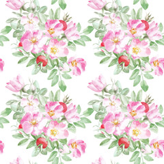 Fototapeta na wymiar rosehip pattern. Hand drawn seamless watercolor pattern of rosehip flowers, leaves and berries.