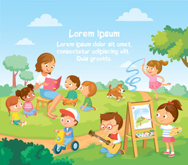 Plakat Group children playing, spending time in games, having fun, fooling around. Summer activities. Children in park,summer camp.Babysitter,teacher,Mum reading book to children. Girl drawing the watercolor