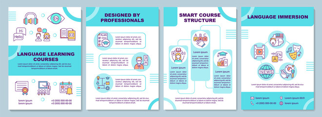 Language learning courses brochure template. Professionals teaching. Flyer, booklet, leaflet print, cover design with linear icons. Vector layouts for magazines, annual reports, advertising posters