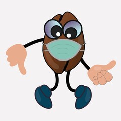 Fototapeta premium Masked cartoom coffee bean. It expresses its displeasure with its thumb down. Safety and precautions concept. Protect your health. Observe the mask regime. Vector.