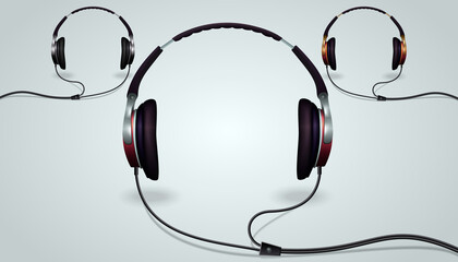 Set of isolated wired headphones of different colors.