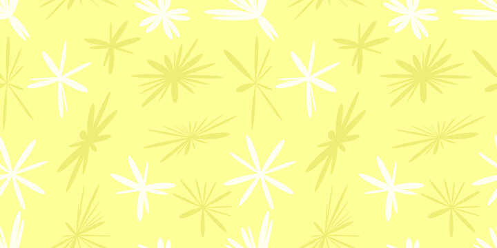 Seamless pattern. Flying object graphics with light yellow background. White and brass colored flower motives design. Art drawing for textile and decoration. Repeat texture image.