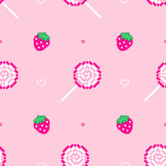 Lollipops and strawberries on pink seamless pattern. Candies and natural sweets on endless background for web design, craft, paper and more. Vector berries and sweet-stuff repeat pattern.