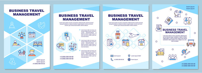 Fototapeta na wymiar Business travel management brochure template. Reduce costs of travel. Flyer, booklet, leaflet print, cover design with linear icons. Vector layouts for magazines, annual reports, advertising posters