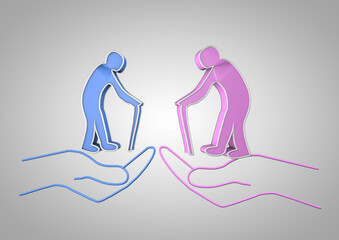 3D illustration. Icon of elderly person with cane in need of help.