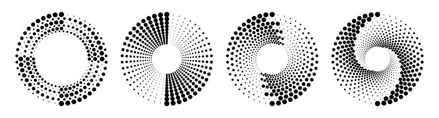 Set of halftone circles. Abstract dotted background. Texture of black dots. Monochrome gradient background. Vector illustration.