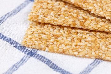 Sesame Bars on the kitchen tablecloth