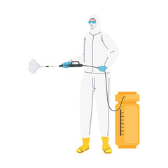 worker wearing bio safety suit disinfecting with sprayer character vector illustration design