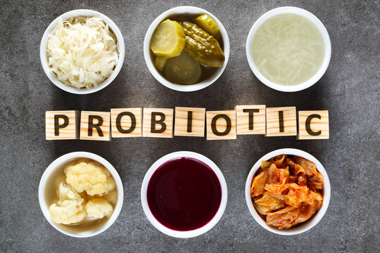 Natural probiotics for healthy bowel. Probiotic as sauerkraut, pickled cauliflower, pickled cucumber, sauerkraut juice, kimchi, beetroot leaven.