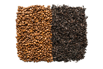 Coffee beans texture. Black tea texture. Coffee and tea background.