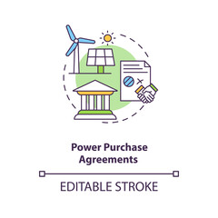Obraz premium Power purchase agreements concept icon. Arrangement for design, permitting, financing, and installation idea thin line illustration. Vector isolated outline RGB color drawing. Editable stroke