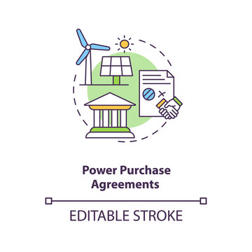 Power purchase agreements concept icon. Arrangement for design, permitting, financing, and installation idea thin line illustration. Vector isolated outline RGB color drawing. Editable stroke