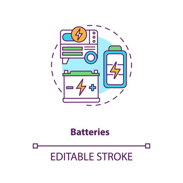 Batteries Concept Icon. Storing Energy On Large Scale For Distribution Idea Thin Line Illustration. Battery Installations At Wind Farms. Vector Isolated Outline RGB Color Drawing. Editable Stroke