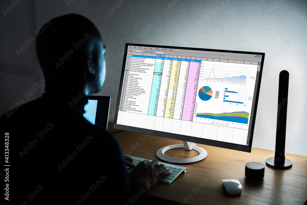 Poster analyst employee working with spreadsheet