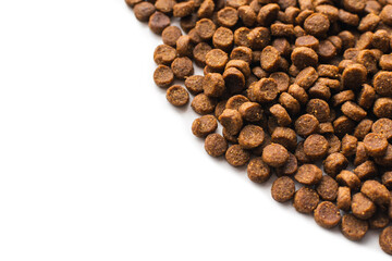 Pile of scattered cat food isolated on white background.