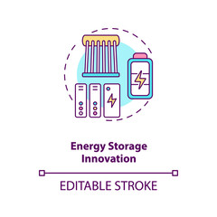 Energy storage innovation concept icon. Electrochemical storage idea thin line illustration. Methods to store energy for use. Vector isolated outline RGB color drawing. Editable stroke