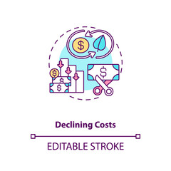 Declining costs concept icon. Renewable energy production costs idea thin line illustration. Gas and hydro plants for power generation. Vector isolated outline RGB color drawing. Editable stroke