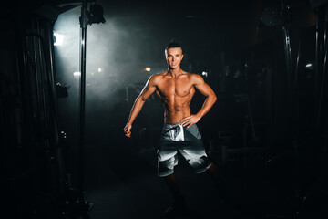 Fototapeta na wymiar Young sports athlete guy shows muscles in the gym, doing sports, healthy lifestyle.