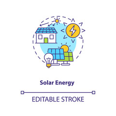 Solar energy concept icon. Transform sunlight in electricity idea thin line illustration. Photovoltaic systems generate electricity. Vector isolated outline RGB color drawing. Editable stroke