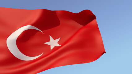 3D illustration. The large flag of Turkey unfolds in the wind against blue sky background with gradient.