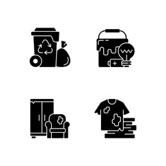 Garbage disposal black glyph icons set on white space. Residential waste collection. Solid materials. Bulky refuse. Fashion, textile industry refuse. Silhouette symbols. Vector isolated illustration - obrazy, fototapety, plakaty
