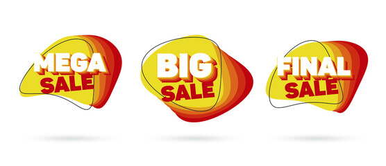 Set of sale badges with liquid color abstract geometric shapes. Fluid gradient elements. Trendy dynamic elements. Abstract background.