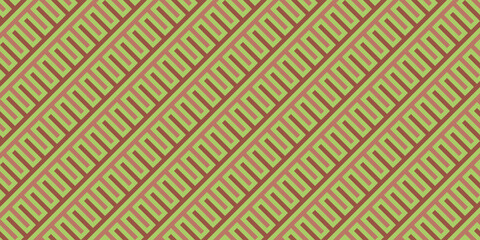 Seamless pattern. Thick dark and pale red straight lines. Inclined stripes, green background. Skewed texture and labyrinth motives. Simple geometric shapes. Diagonal image design.