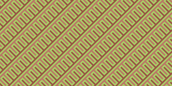 Seamless pattern. Thick dark and pale red straight lines. Inclined stripes, green background. Skewed texture and labyrinth motives. Simple geometric shapes. Diagonal image design.