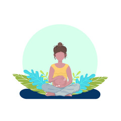 Obraz na płótnie Canvas A pregnant young woman in a Yoga pose with green leaves on the background. A banner, poster for Medical, Pregnancy projects. A flat illustration. Vector. EPS 10. 