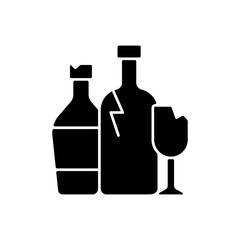 Glass recycling black glyph icon. Waste glass processing into usable products. Wine and soft drink bottles. Jars for food, cosmetics. Silhouette symbol on white space. Vector isolated illustration