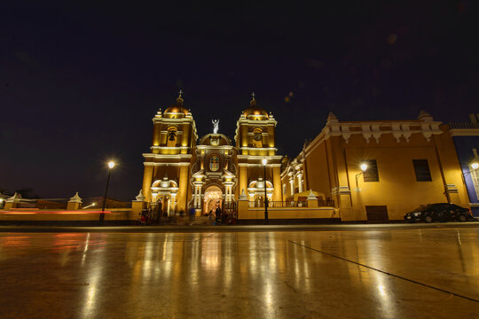 Night shot of Trujillo Cathedral in the Plaza de Armas, Trujillo, Peru