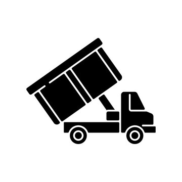 Roll-off Truck Black Glyph Icon. Open Top Dumpster. Organizational Clear Outs. Convenient Disposal Option. Hauling Household Junk. Silhouette Symbol On White Space. Vector Isolated Illustration