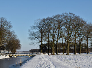 A frozen Dutch canal with a road bridge crossing and trees in the foreground