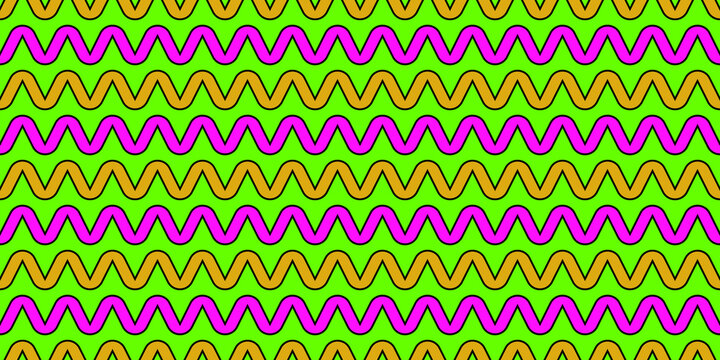 Seamless pattern. Wave or zigzag ribbon shapes with green background. Orange, pink and black colored motives. For textile and decoration. Repeat design texture. Geometric shapes.