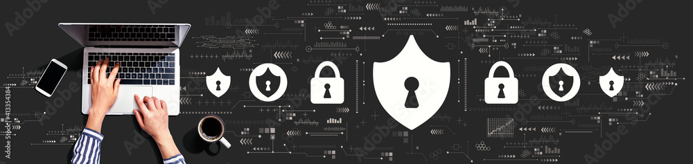 Wall mural cyber security theme with person using a laptop computer