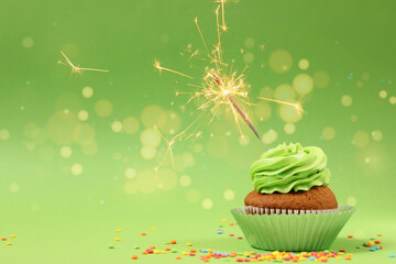 Cupcake with cream and burning sparkler for a birthday or other holiday with a shopping plan on a colored background with bokeh lights 