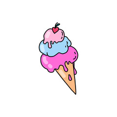 Ice cream balls melt in a waffle cone. Frozen summer dessert. Doodle style. Vector illustration on isolated background. For stickers, patches, cards, invitations