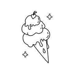 Ice cream balls melt in a waffle cone. Frozen summer dessert. Doodle style. Vector illustration on isolated background. For stickers, patches, cards, invitations