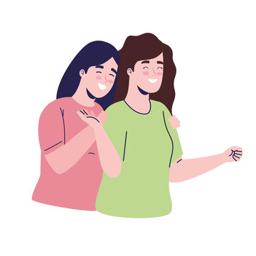 young girls couple avatars characters vector illustration design