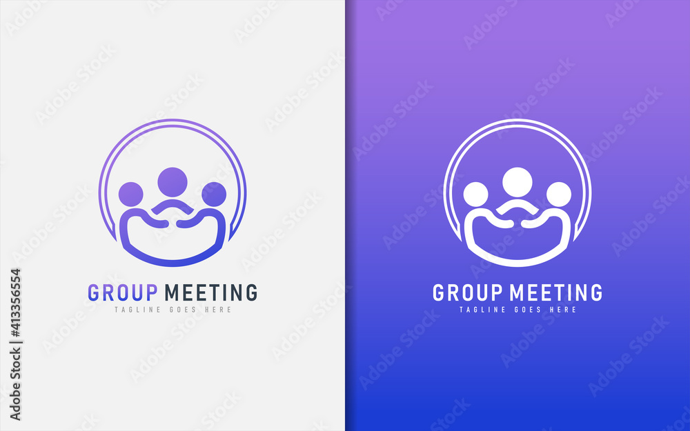 Poster group meeting logo design. symbol of people having a meeting combination with a circle shape.