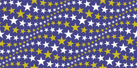 Obraz premium Seamless pattern. Stars with bluish purple background. Gold and white colored star images. Simple wavy geometric galaxy graphic, wallpaper. Textured textile design shapes.
