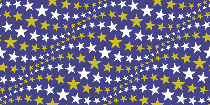 Seamless pattern. Stars with bluish purple background. Gold and white colored star images. Simple wavy geometric galaxy graphic, wallpaper. Textured textile design shapes.