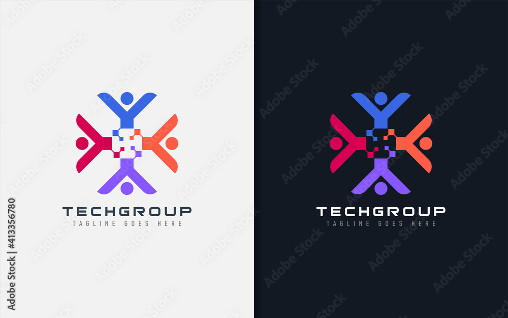 Poster tech group logo design. simple minimalism abstract colorful people combination usable for business a