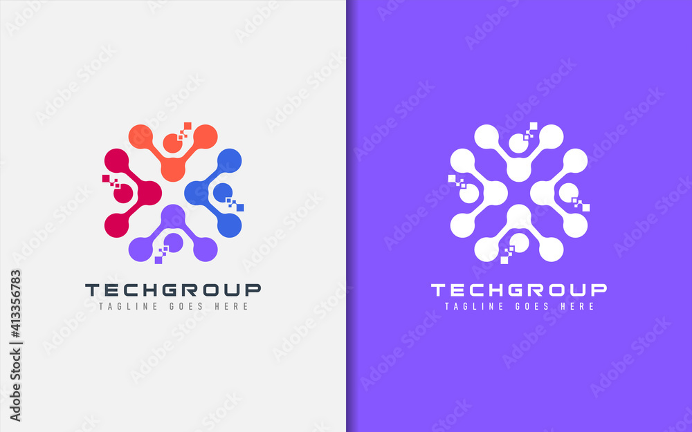 Poster tech group logo design. simple minimalism abstract colorful people combination usable for business a
